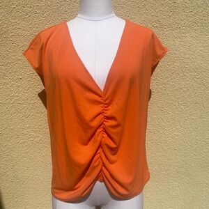 Zara Orange V-Neck Ruched Front Short Sleeve Top Strethcy business casual